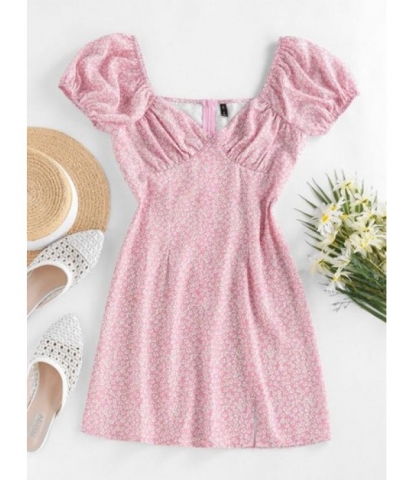 Ditsy Print Puff Sleeve Slit Mini Dress